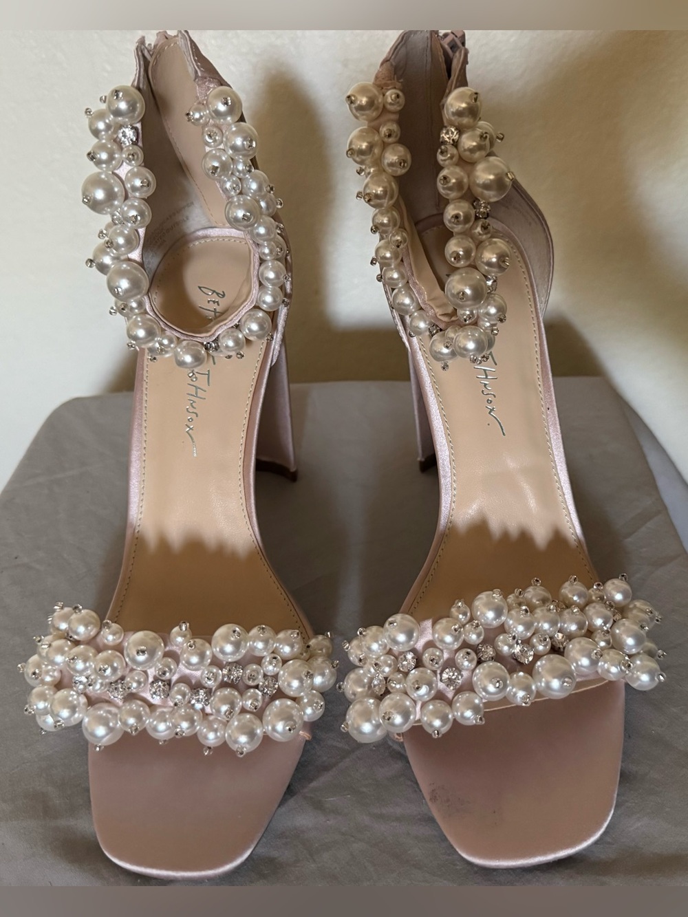 Betsey Johnson Pearl-Embellished Pink Satin Heels